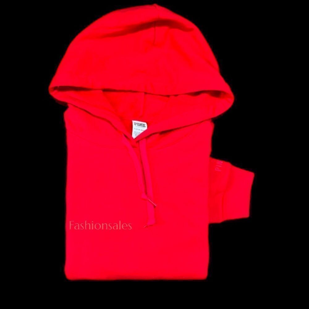 Victorias Secret Pink Cozy Fleece Hoodie Oversized Pullover long sleeve Red - Picture 2 of 5